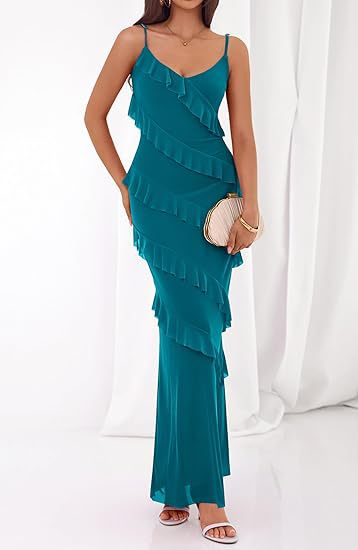 Damen Maxikleid mit Rüschen und Spaghettiträgern Drune