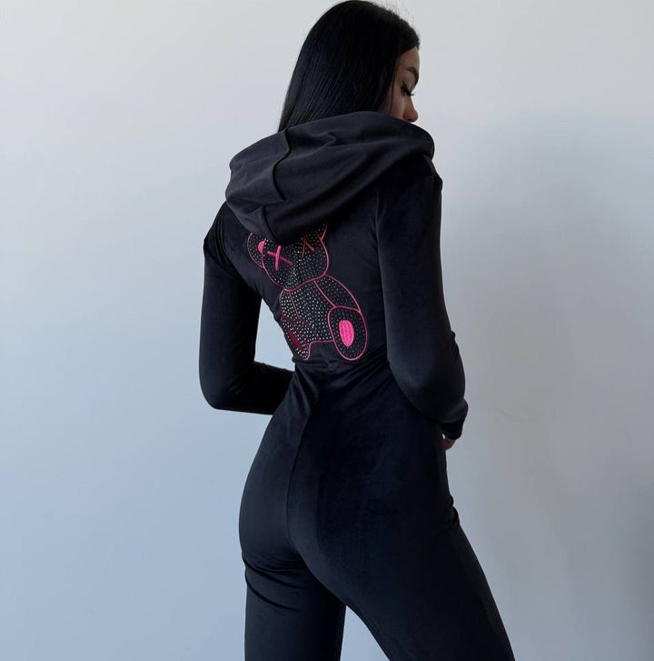 Damen Kapuzenkleid mit funkelndem Bärenmotiv und figurbetonendem Schnitt Drune