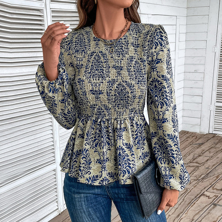 Damen Bluse mit eleganter Rüschennähten und floralem Muster Drune