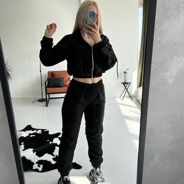 Damen Fleece-Pullover und Jogginghose-Set mit Kängurutasche und elastischem Bund Drune