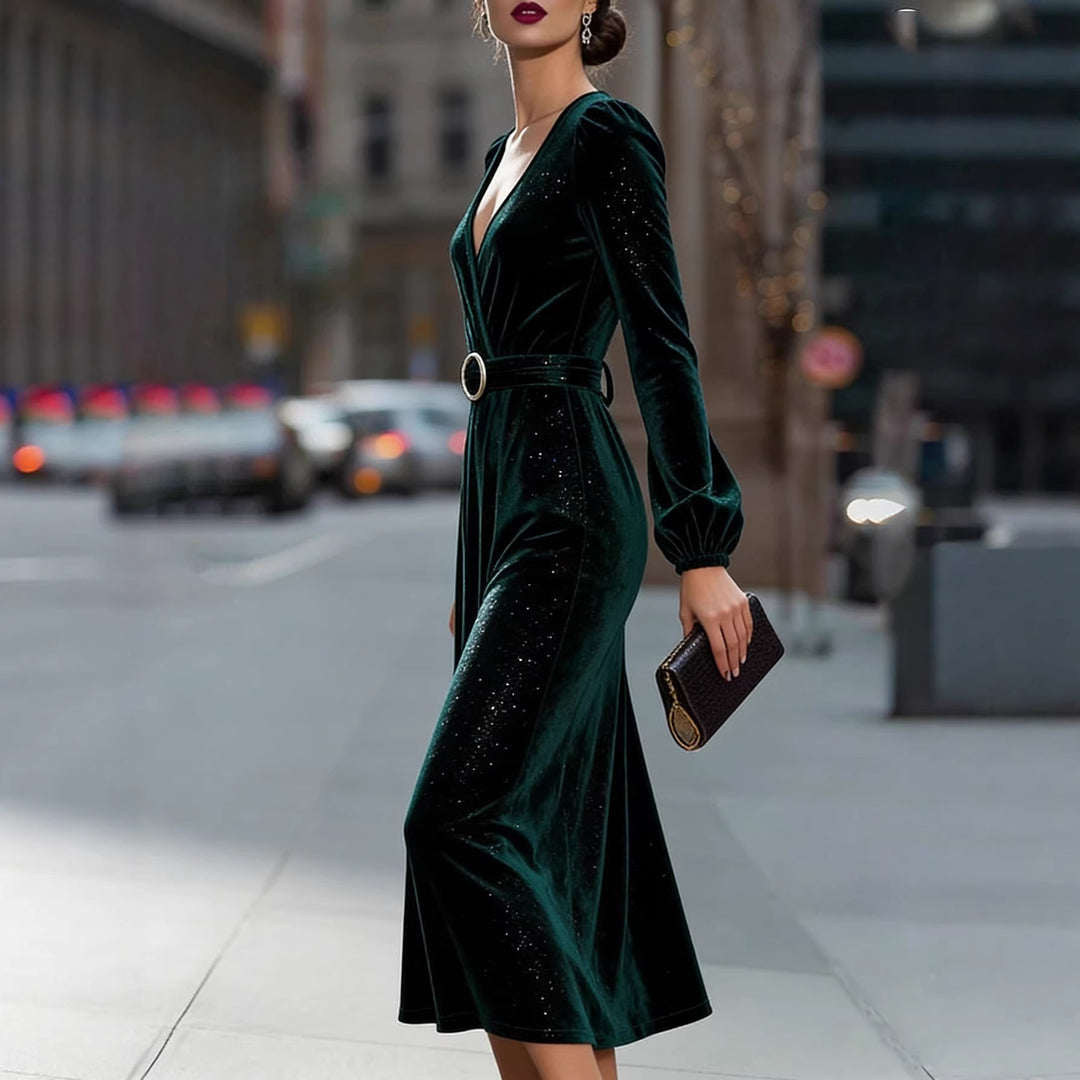 Damen Midikleid aus samtartigem Material mit funkelnden Akzenten und eleganter Taillierung Drune