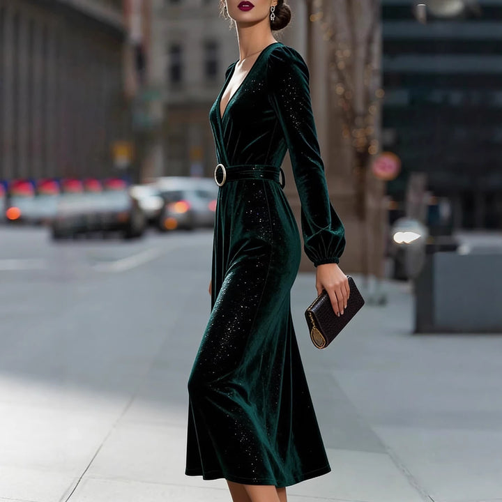 Damen Midikleid aus samtartigem Material mit funkelnden Akzenten und eleganter Taillierung Drune
