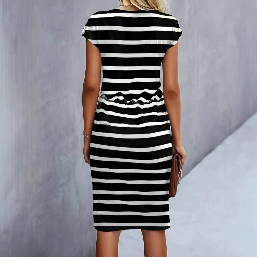 Damen Freizeitleinenkleid mit bunten Streifen und verstellbarem Taillenzug Drune