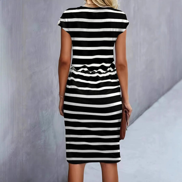 Damen Freizeitleinenkleid mit bunten Streifen und verstellbarem Taillenzug Drune