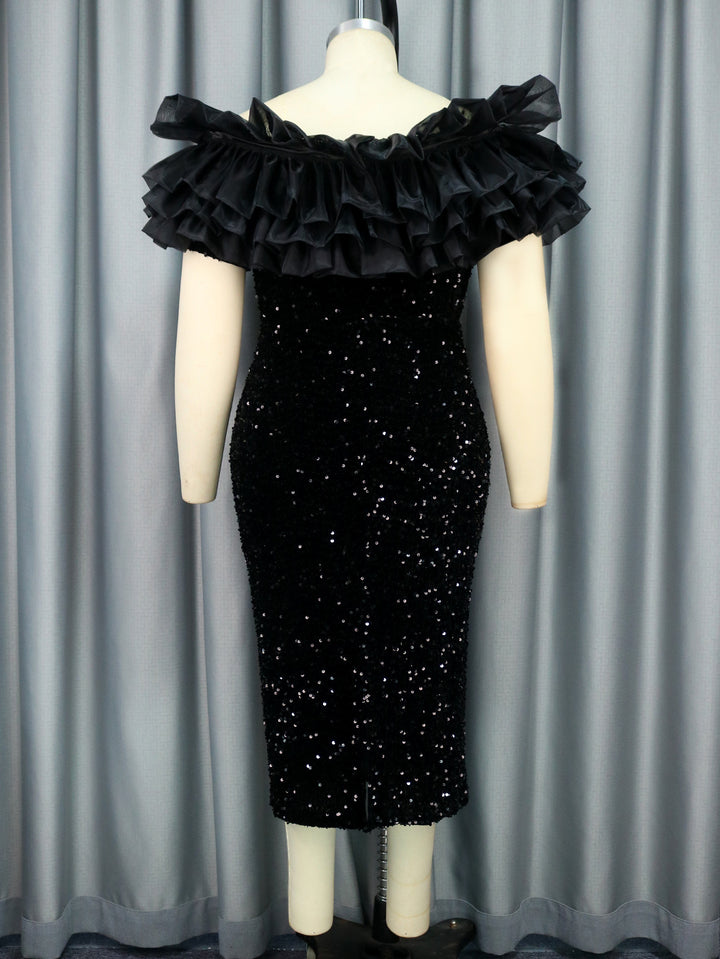 Damen Elegantes Abendkleid mit voluminösen Rüschen und funkelnden Pailletten Drune