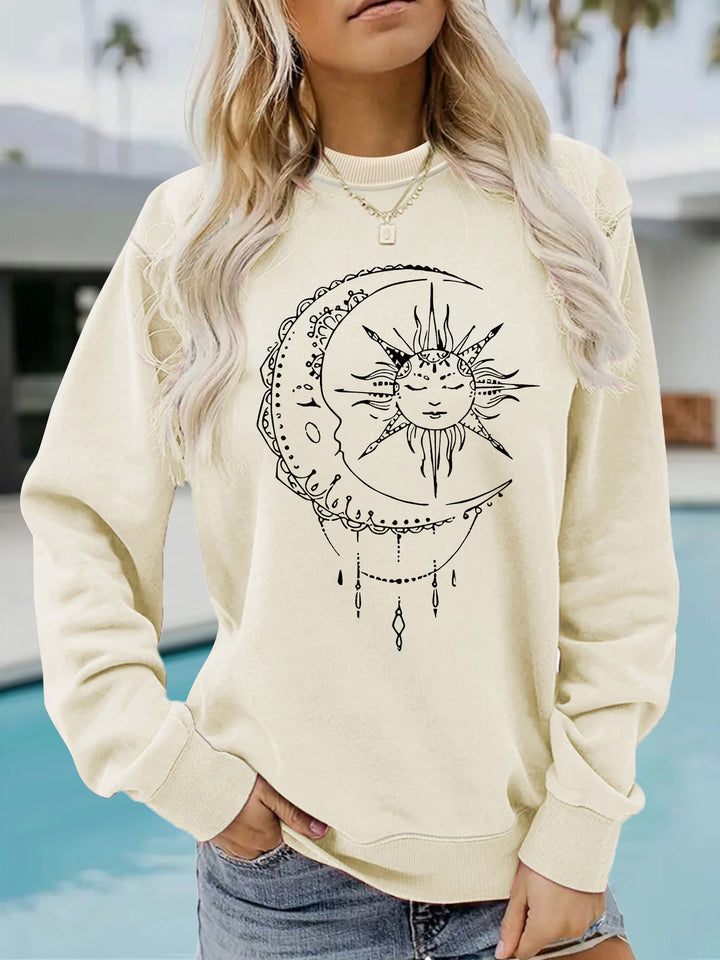 Damen Sweatshirt mit künstlerischem Sonnen- und Mondmotiv Drune
