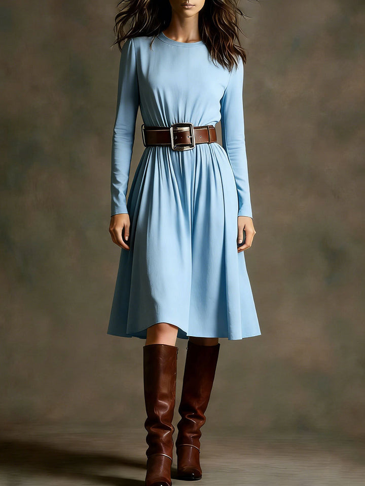 Damen Elegantes Kleid mit langem Arm und Taillengürtel Drune