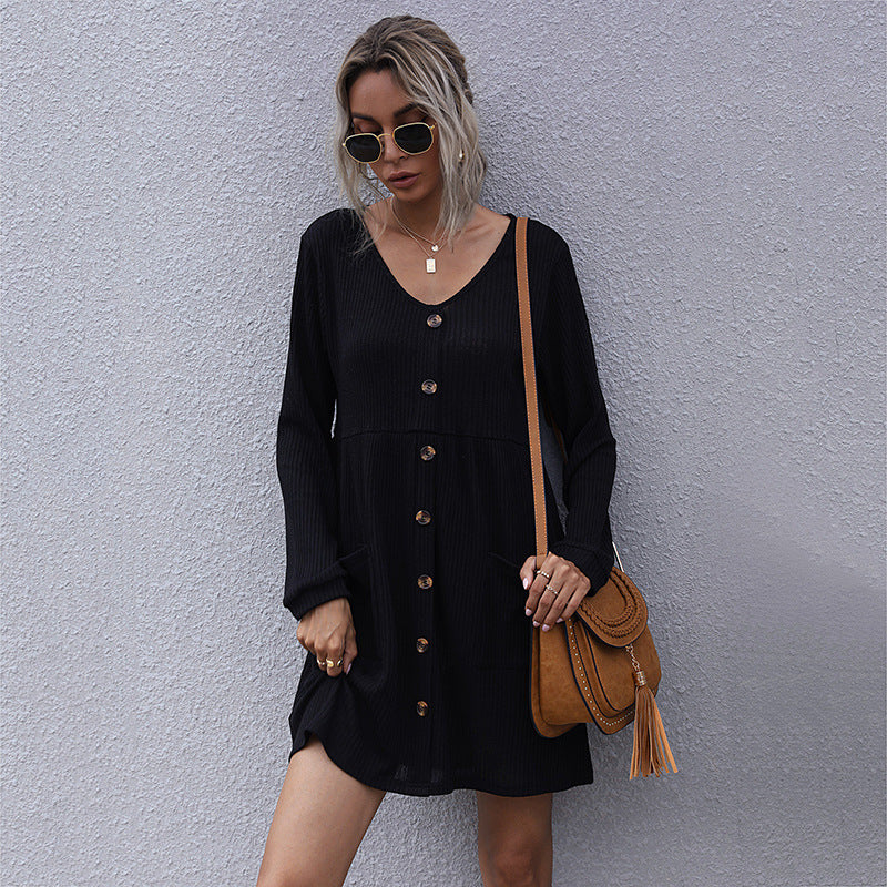 Damen lässiges Strickkleid mit Knopfleiste und Taschen Drune