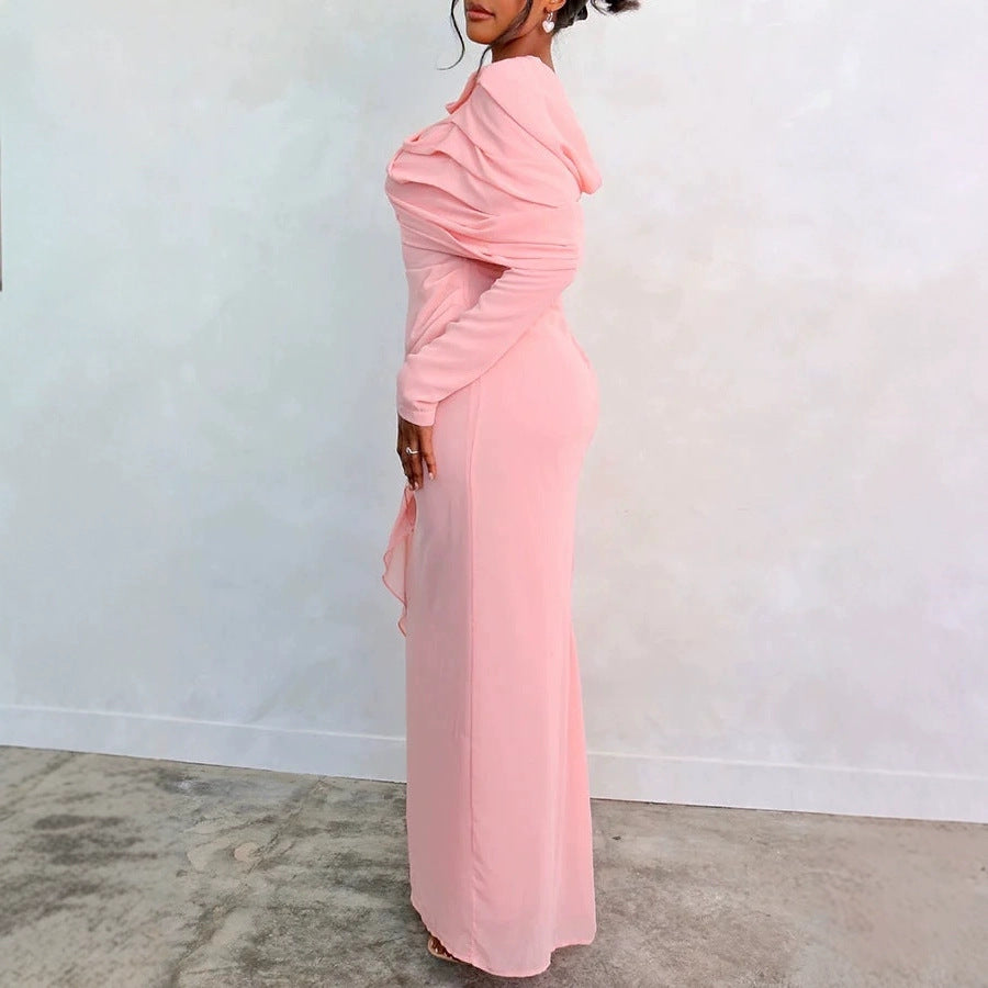 Damen Glamouröses Langarmkleid mit drapiertem Oberteil und fließendem Schnitt Drune