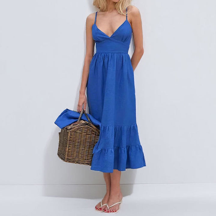 Damen Midikleid mit elegantem V-Ausschnitt und lässigem Rüschensaum Drune
