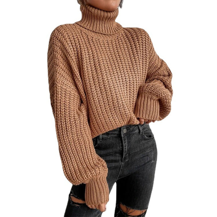 Damen Grob gestrickter Pullover mit hohem Kragen und weit ausgestellten Ärmeln Drune