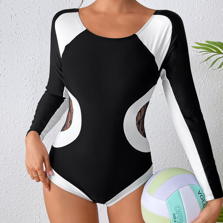 Damen Sportlicher Langarm Badeanzug mit transparenten Einsätzen Drune
