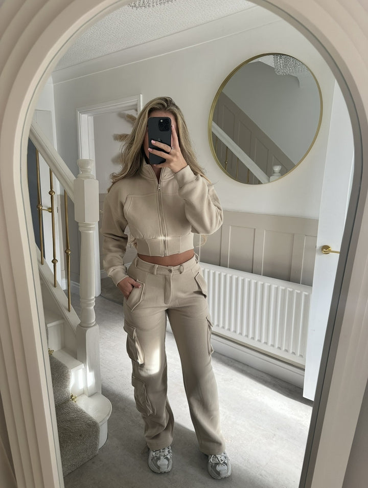 Damen modisches Cropped Jacken- und Cargo-Hosen-Set Drune