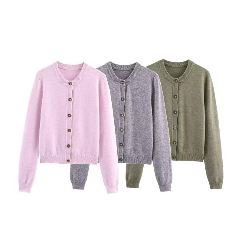 Damen Elegante Strickjacke mit Knopfverschluss und Rundhalsausschnitt Drune