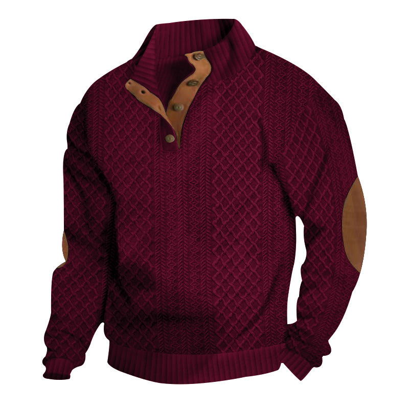 Herren nan grob gestrickter Strickpullover mit Schalkragen, Knopfleiste und Ellbogenpatches Drune