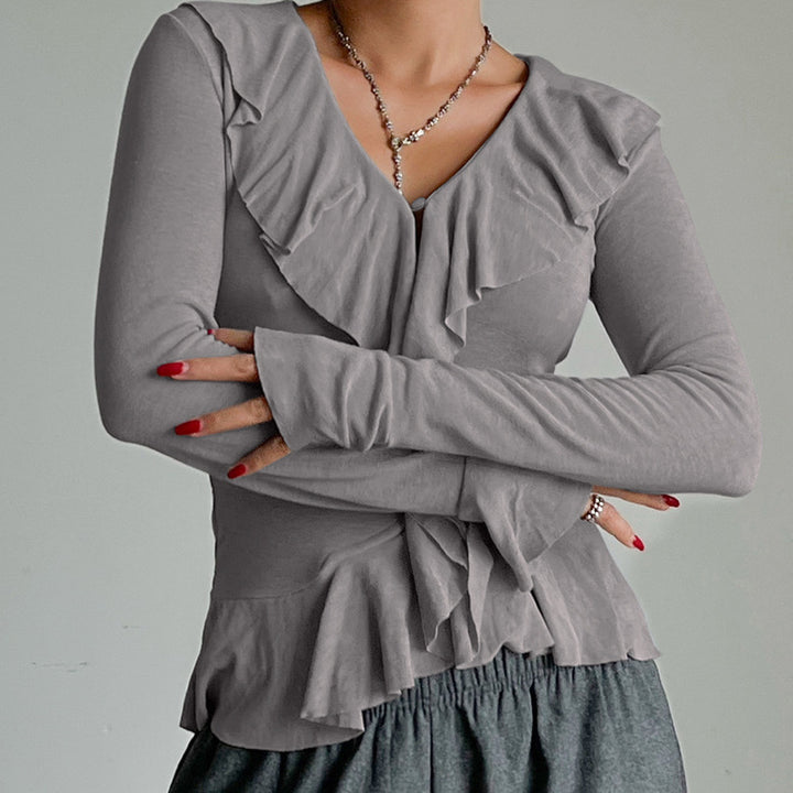 Damen Rüschenbluse mit verführerischem V-Ausschnitt und elastischem Saum Drune