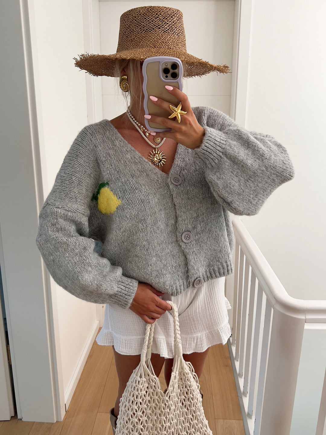 Damen Grober Strickcardigan mit einzigartigem Zitronenmotiv und knopfbarem Verschluss Drune
