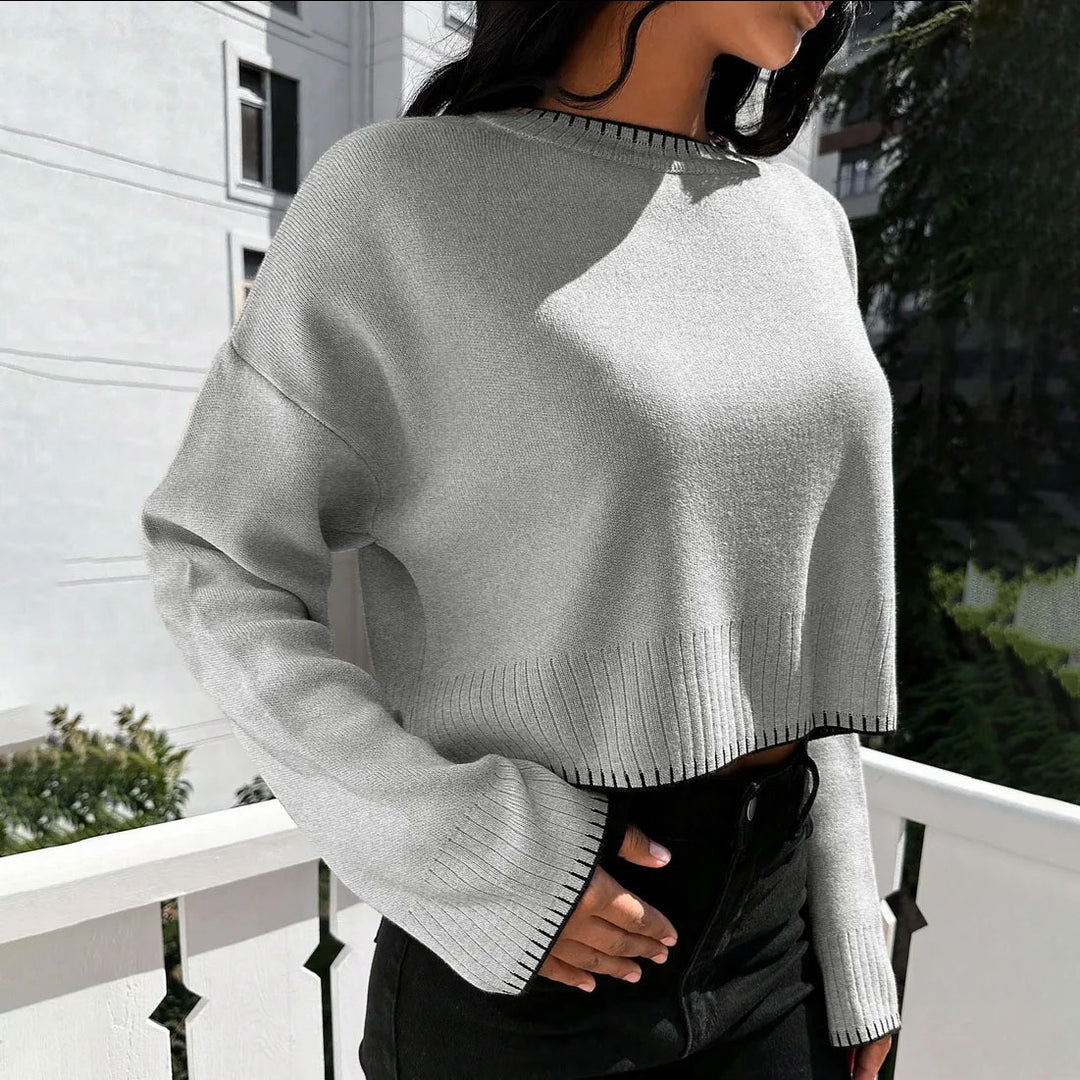 Damen lässiger Kurzpullover mit strukturiertem Saum und modischen Akzenten Drune