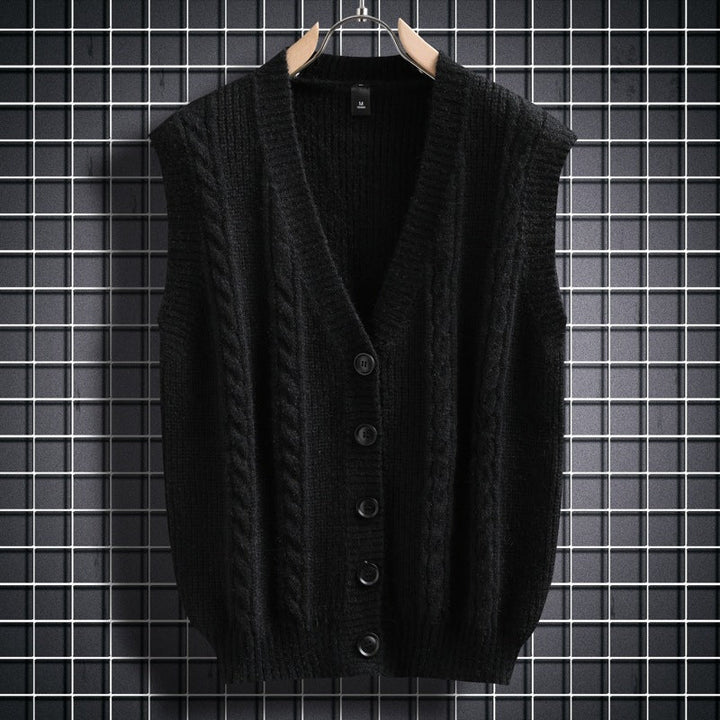 Herren ärmellose Strickjacke mit Zopfmuster und Knopfdetails Drune