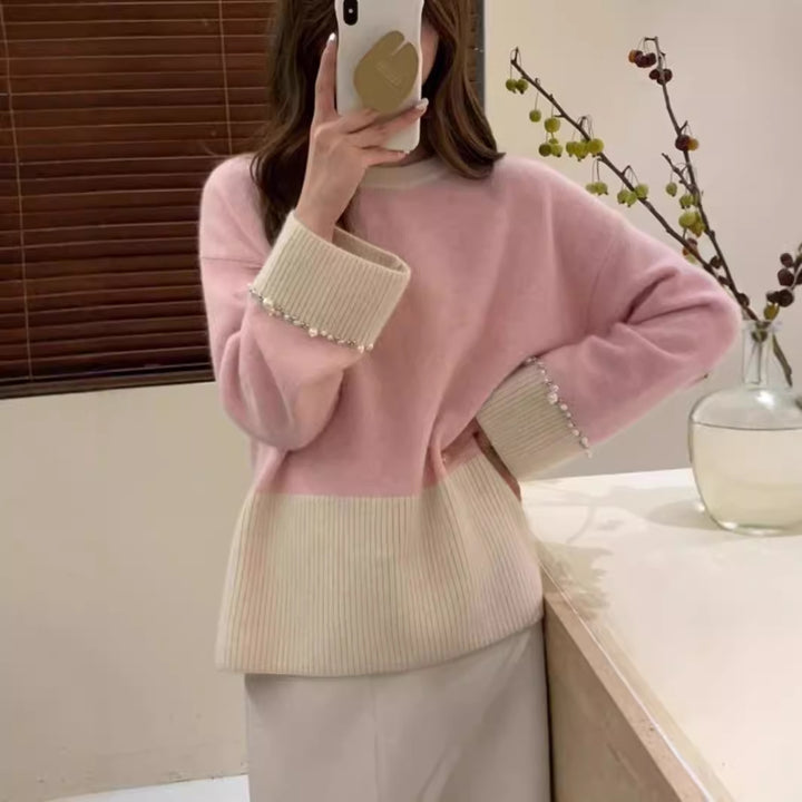 Damen Modischer Strickpullover mit perlverzierten Ärmeln Drune