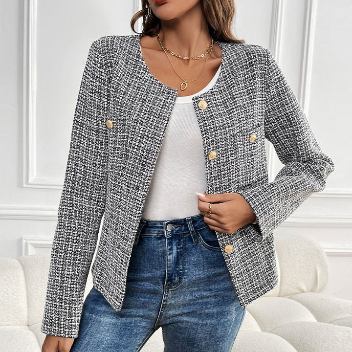 Damen elegante Bouclé-Jacke mit goldenen Knopfdetails Drune