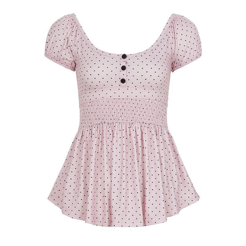 Damen Verspieltes Polka Dots Oberteil mit Rüschen und Knopfleiste Drune