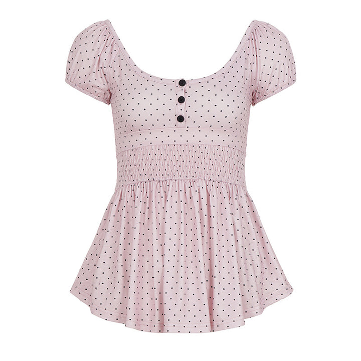 Damen Verspieltes Polka Dots Oberteil mit Rüschen und Knopfleiste Drune
