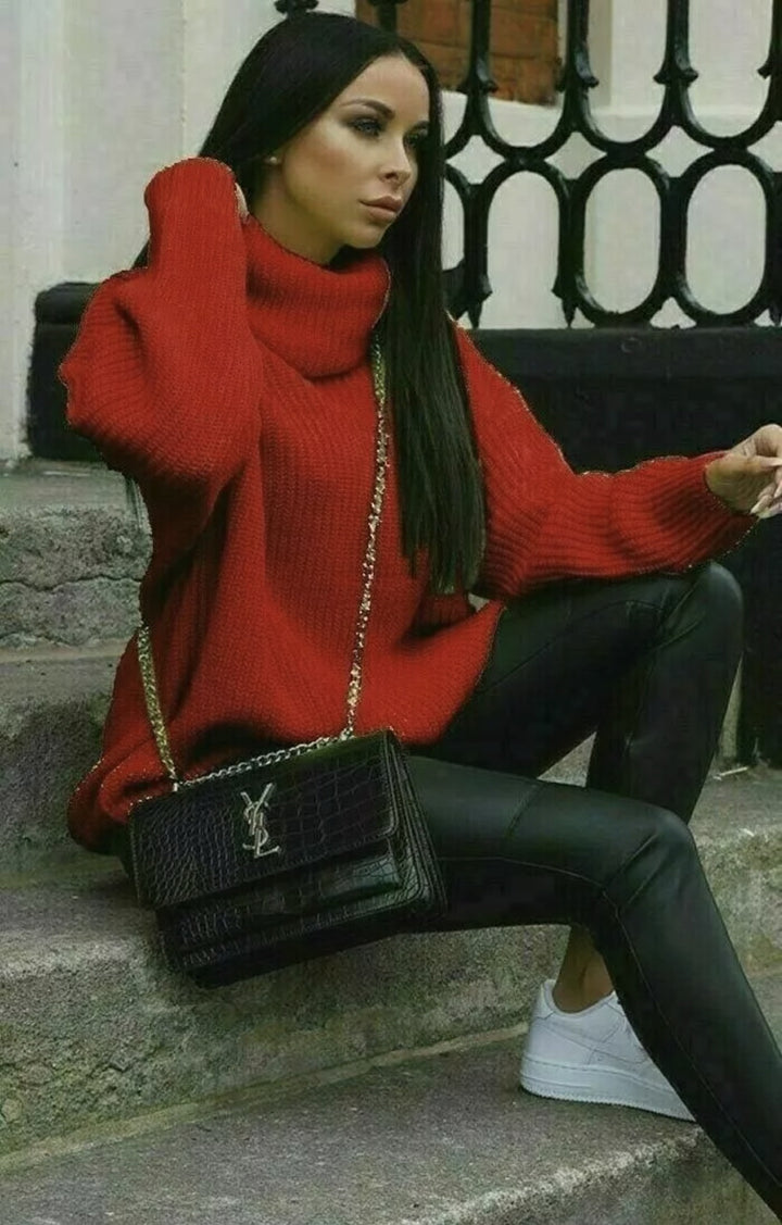 Damen Oversized Strickpullover mit hohem Kragen und modernem Schnitt Drune