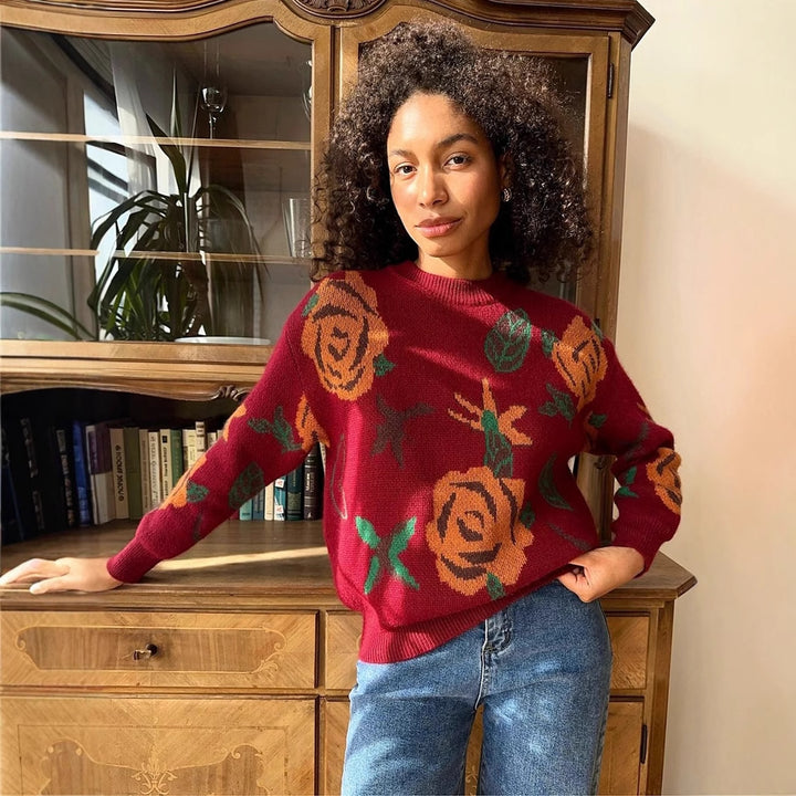 Damen Strickpullover mit floralem Muster Drune