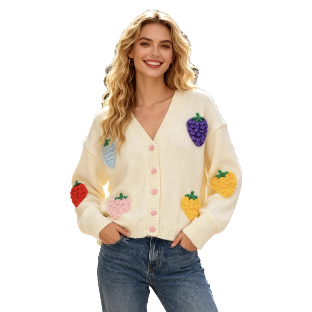 Damen lässige Strickjacke mit buntem Fruchtmotiv Drune