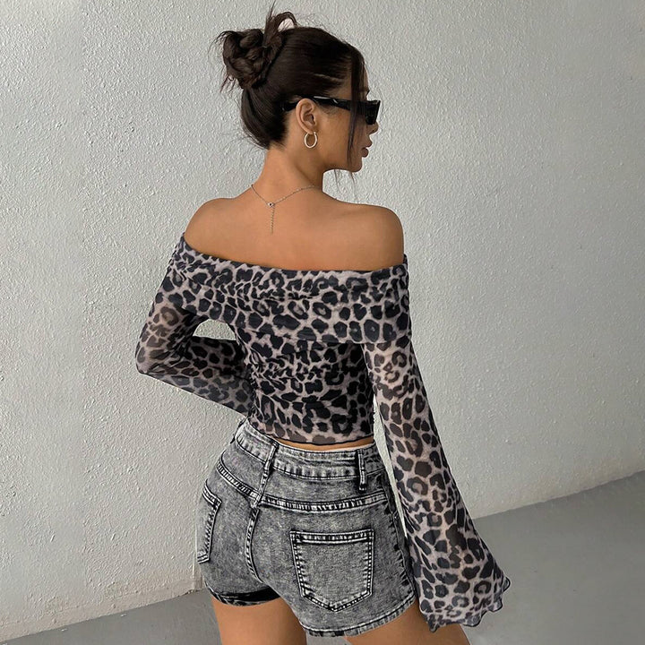 Damen Off-Shoulder Top mit geflammten Ärmeln und Leoprint Drune
