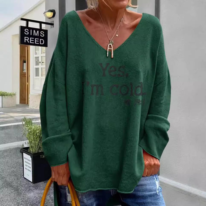 Damen Oversized Pullover mit modernem V-Ausschnitt und aufgedrucktem Statement Drune