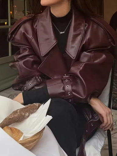 Damen Trendige Oversized-Lederjacke mit strukturierten Schulterpolstern und Taillengürtel Drune