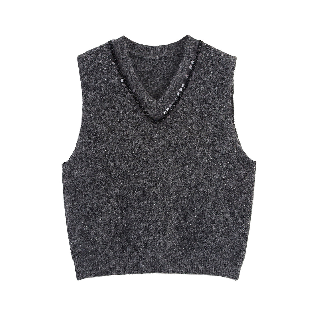 Damen eleganter Strickpullover ohne Ärmel mit funkelnden Applikationen Drune