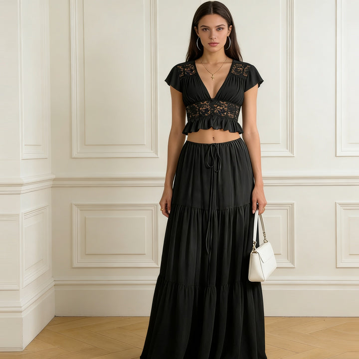 Damen Lässiges Maxi-Kleid mit eleganter Raffung und cropped Top Drune