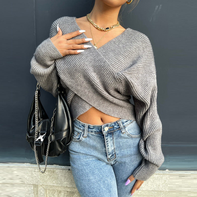 Damen cropped Wickelpullover aus strukturiertem Material Drune