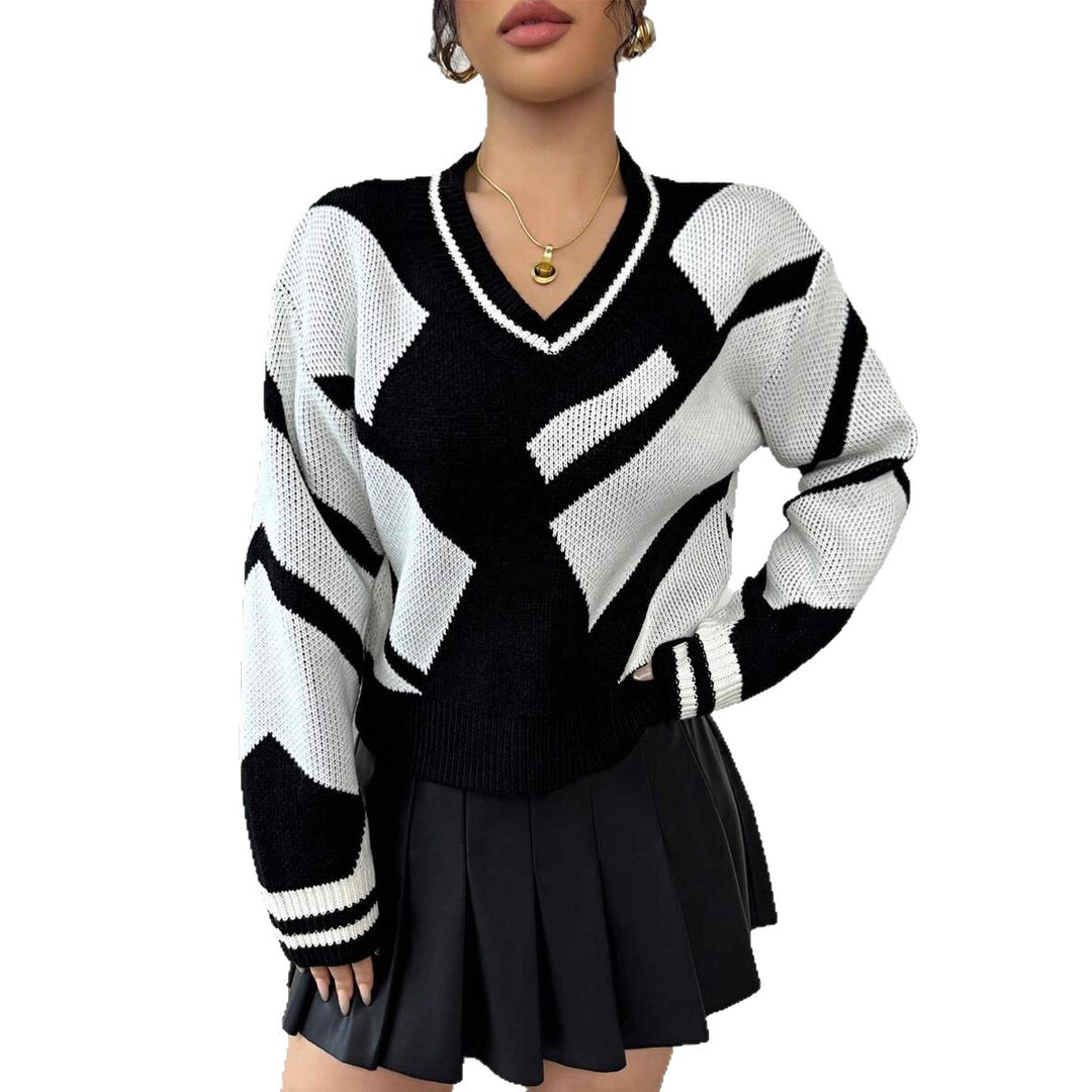 Damen moderner Strickpullover mit V-Ausschnitt und grafischem Muster Drune