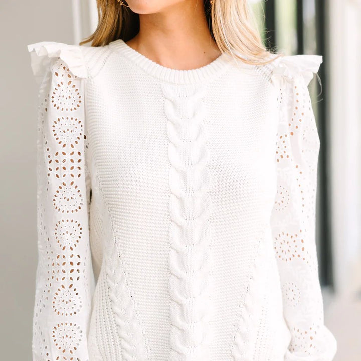 Damen eleganter Strickpullover mit Rüschendetails und Lochmuster Drune