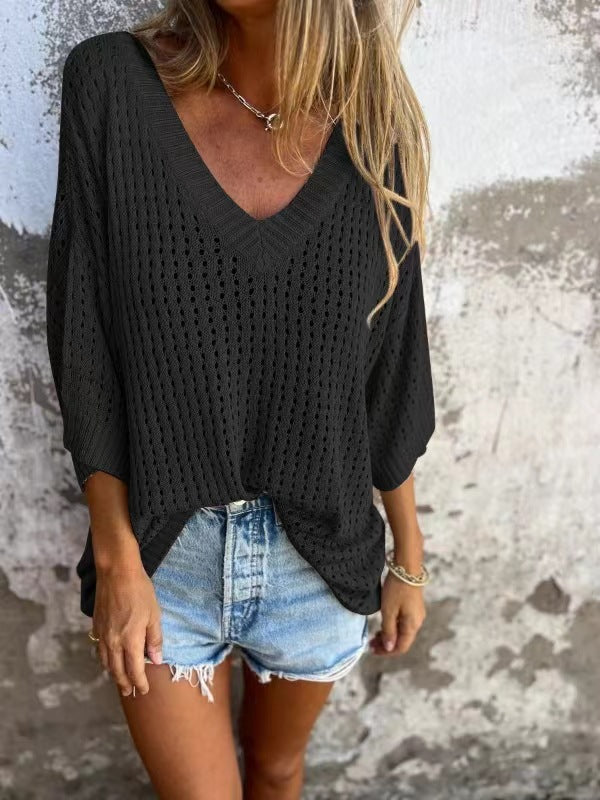 Damen nan luftig gestrickter V-Ausschnitt Pullover im Oversize-Schnitt Drune