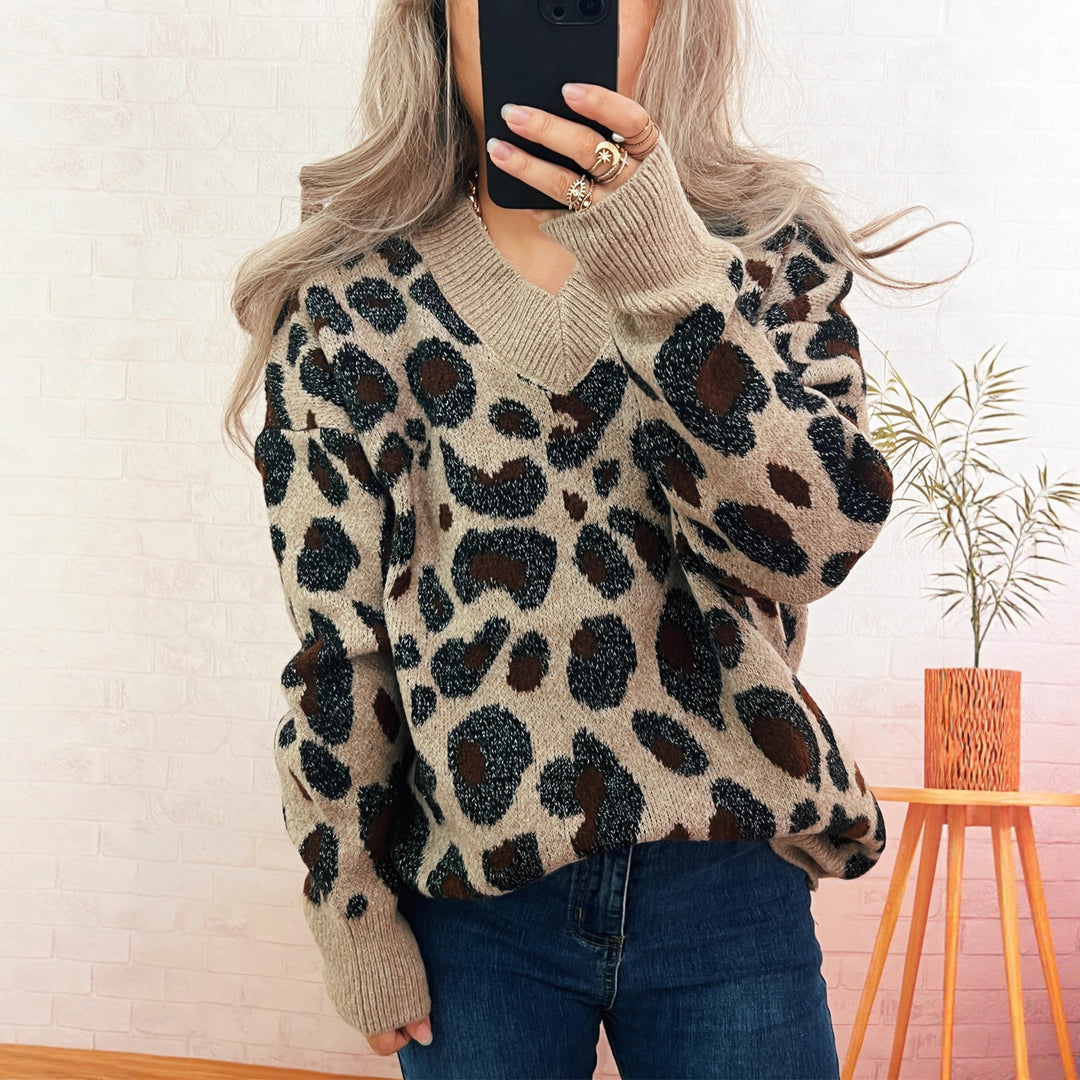 Damen lässiger Strickpullover mit animalischem Muster Drune