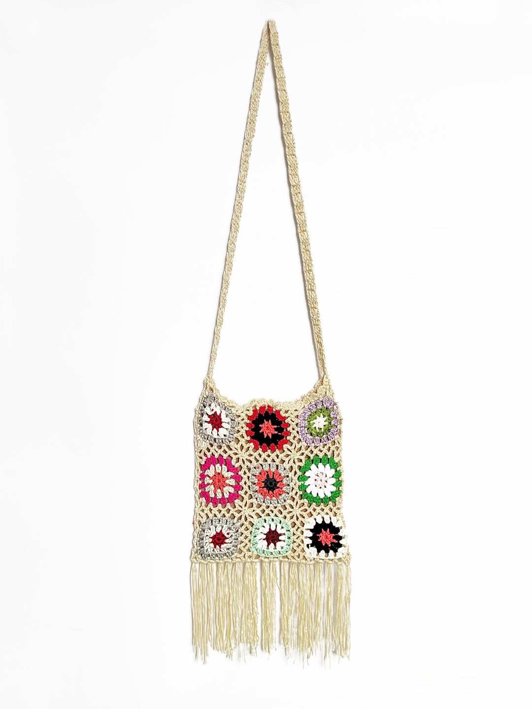 Damen gehäkelte Umhängetasche mit bunten Blumenmustern und Fransen Drune