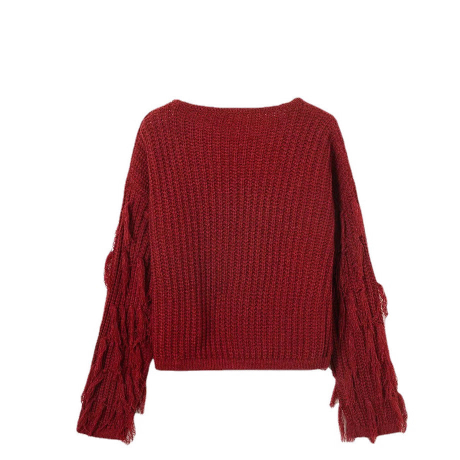 Damen Strickpullover mit fransigen Ärmeln und strukturierter Oberfläche Drune