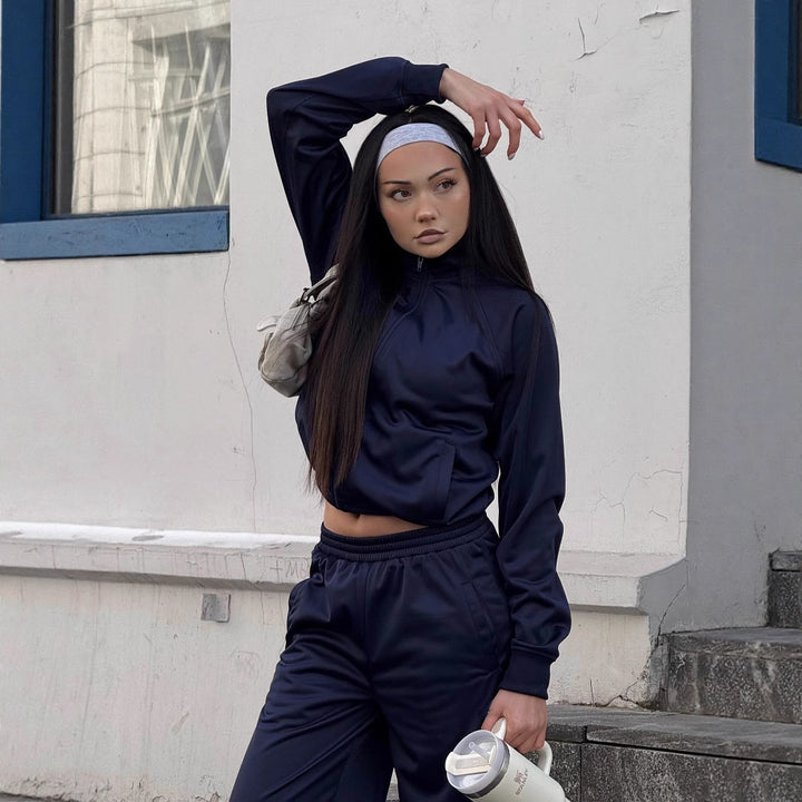 Damen Sportlicher Zweiteiler mit cropped Jacke und elastischen Jogginghosen Drune