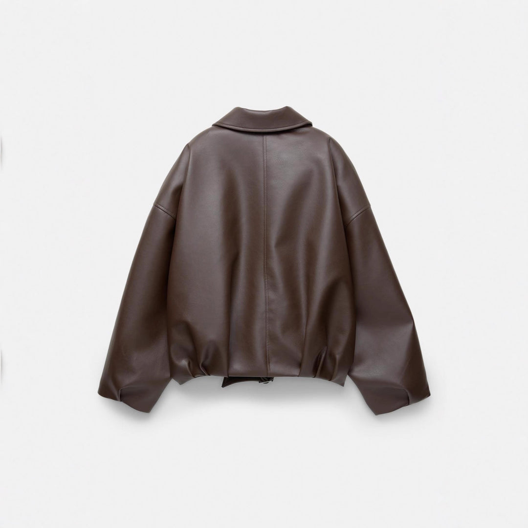 Damen nan kurz geschnittene Kunstlederjacke mit durchgehendem Reißverschluss und taillierendem Gürtel Drune