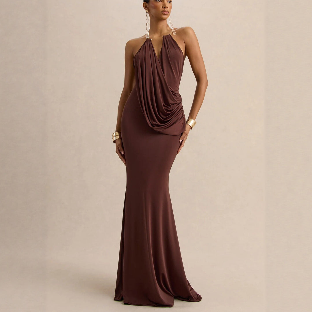 Damen Raffiniertes Maxikleid mit tiefem V-Ausschnitt und Drapierung Drune