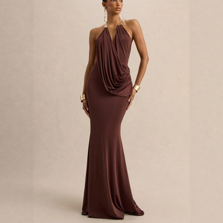 Damen Raffiniertes Maxikleid mit tiefem V-Ausschnitt und Drapierung Drune