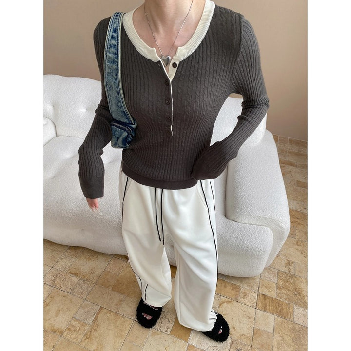 Damen lässiger Henley-Pullover mit Rippstruktur Drune