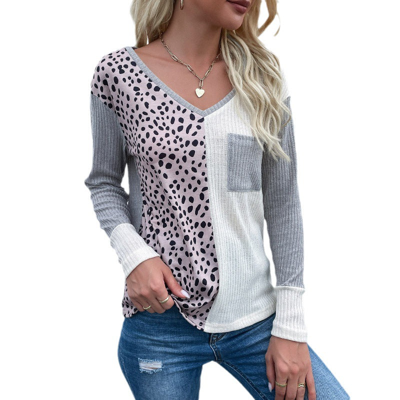 Damen Lässiges gemustertes Langarmshirt mit V-Ausschnitt und Taschen Drune