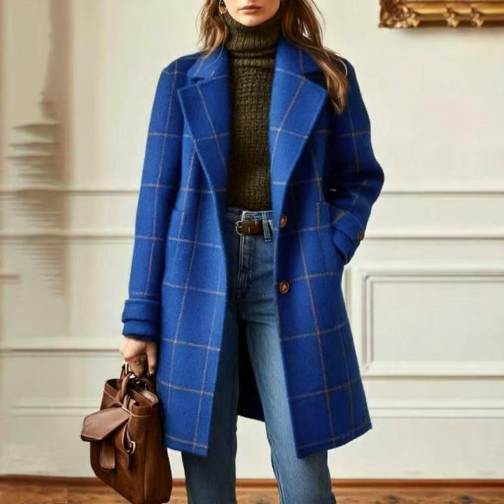 Damen nan karierter Wollmix Mantel mit Reverskragen, aufgesetzten Taschen und taillierter Silhouette Drune