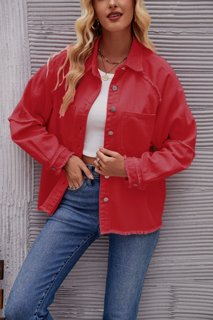 Damen lässige Oversized Jeansjacke mit fransigem Saum Drune